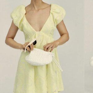 Anthropologie | Yellow Deep V Puff Shoulder Eyelet Embroidered Dress| Size 4
